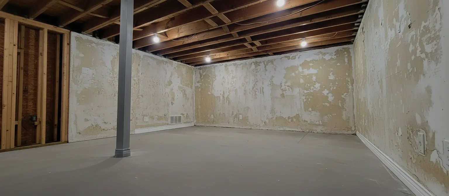 Unfinished basement before YAF Construction renovation