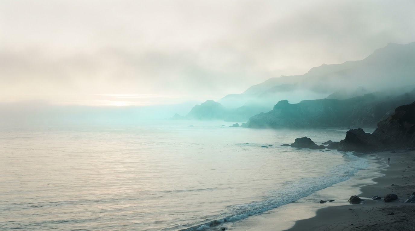 Soft coastal light and pale teal mist — atmospheric backdrop for the A.K. Andelyn books page