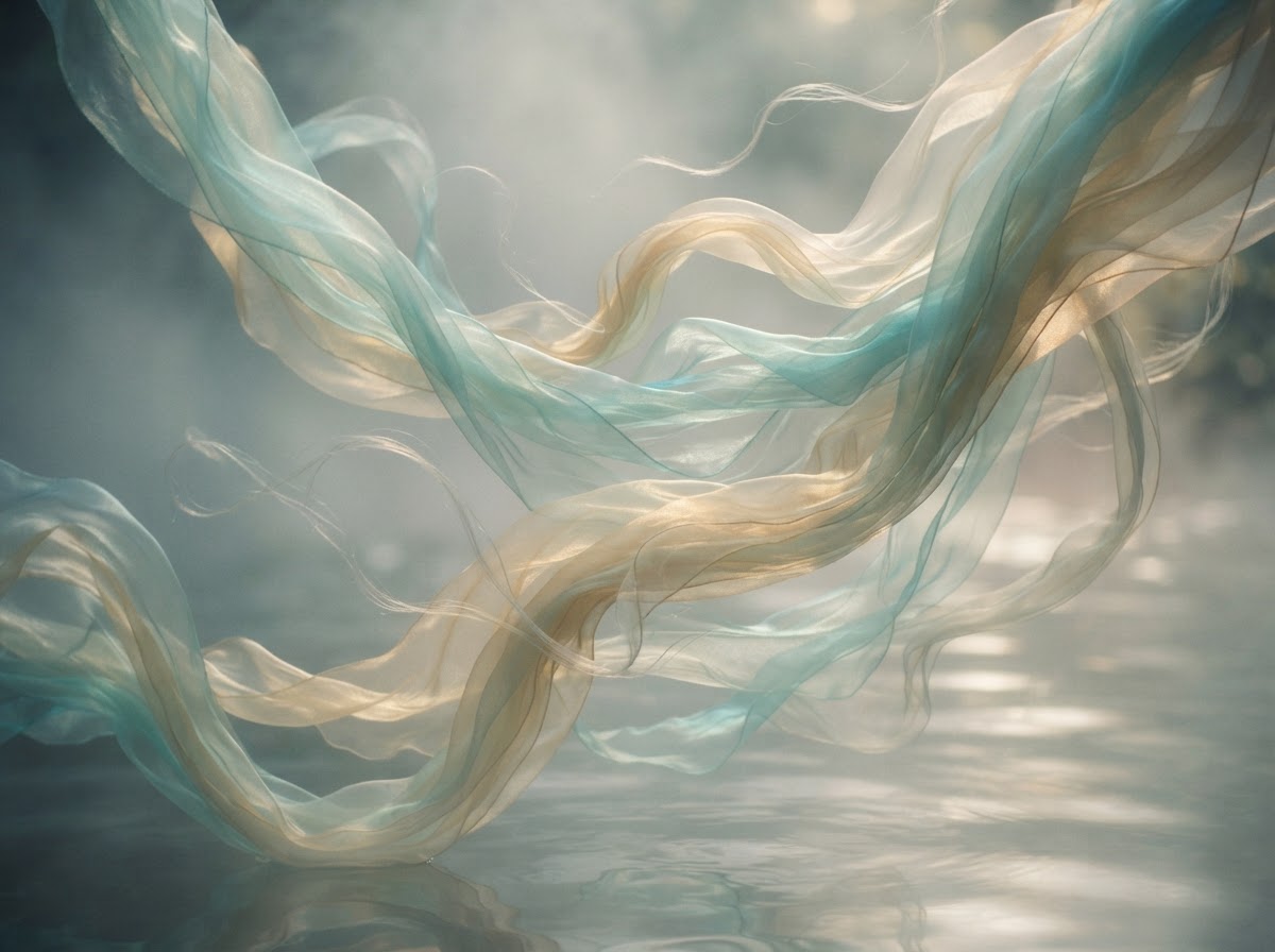 Flowing translucent fabric and pale mist with soft teal and gold light — inspiration for A.K. Andelyn's supernatural world
