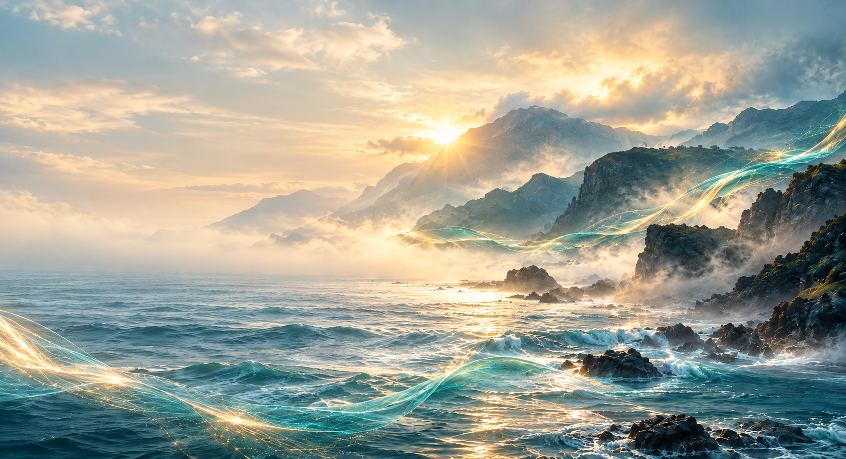 California coastline with rocky cliffs, ocean mist, and luminous pale-teal and soft-gold supernatural filaments woven through water and sunlight