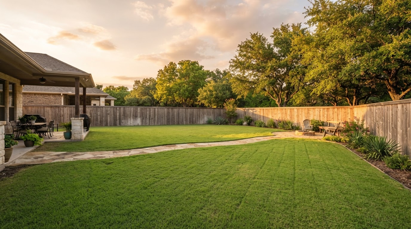Cedar privacy fence along a Conroe, TX residential backyard at golden hour