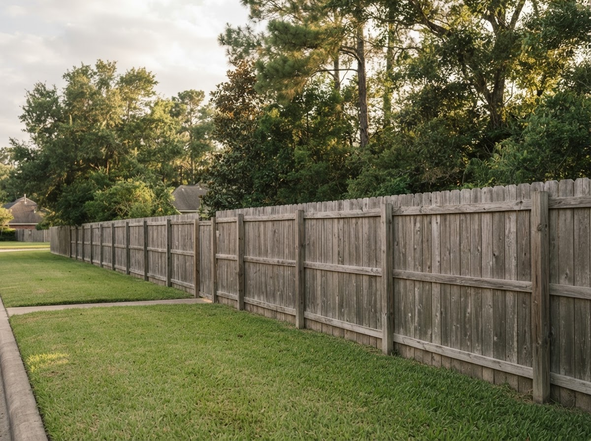 A cedar privacy fence running along a residential property line in a Spring, Texas suburb.