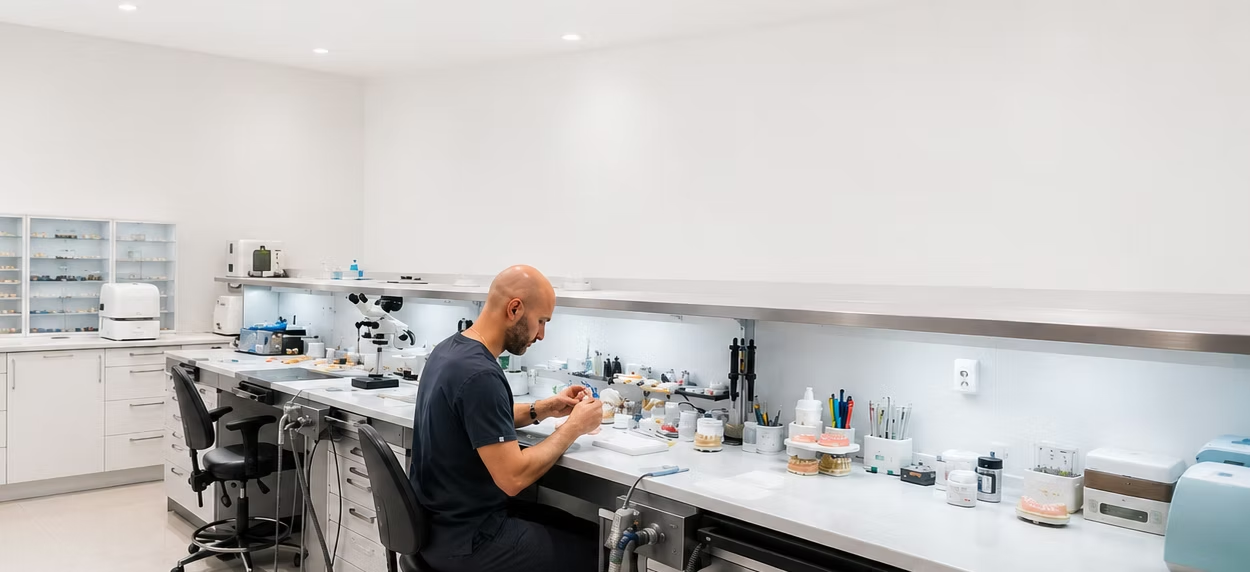 Chris Mansour crafting custom dental prosthetics in the modern laboratory studio