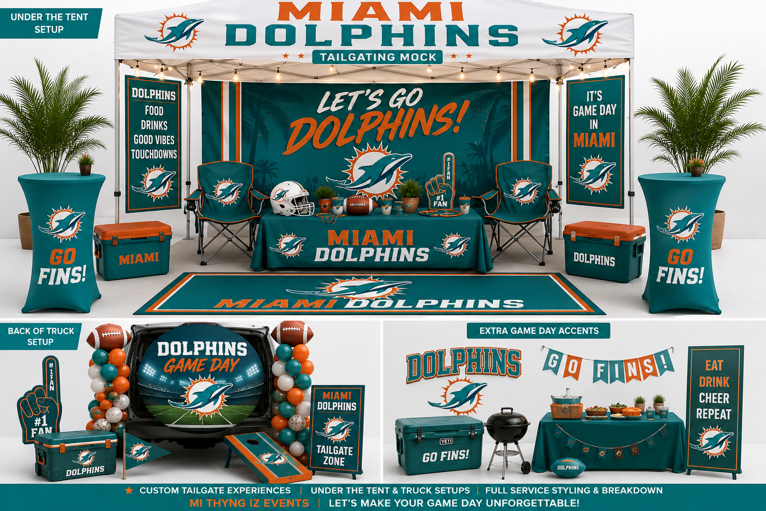 Miami Dolphins tailgate mockup sheet featuring under the tent setup, back of truck setup, and extra gameday accents by Mi Thyng Iz Events