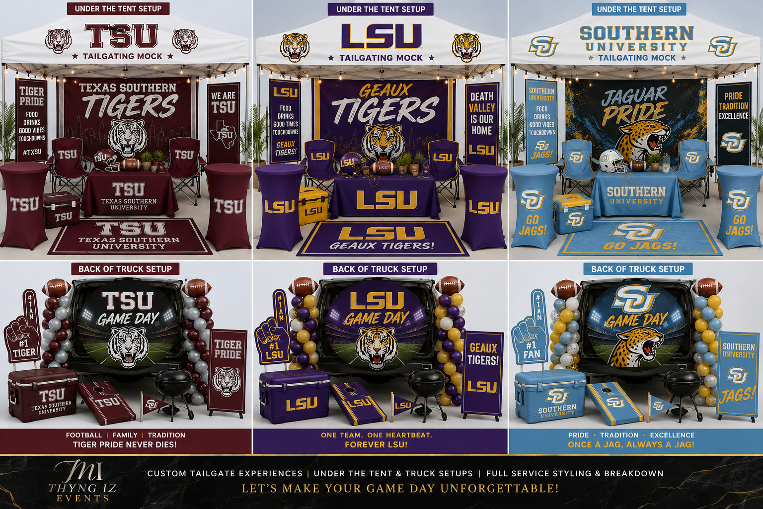 College tailgate mockup sheet featuring Texas Southern, LSU, and Southern University under the tent and truck setups