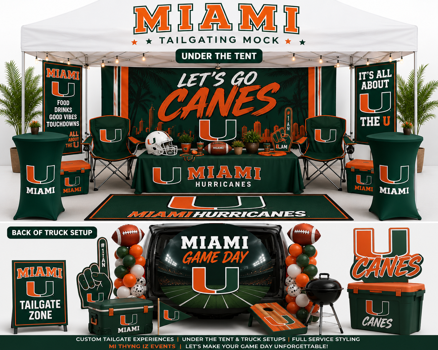 Miami green and orange tailgate board mockup with balloon garland and #1 fan hands