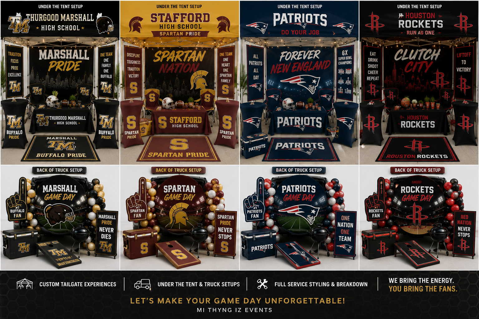 High school and pro mockup sheet featuring Marshall High School, Stafford High School, Patriots, and Houston Rockets