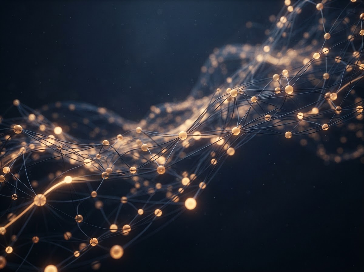 Abstract AI neural network visualization with warm amber nodes on deep navy