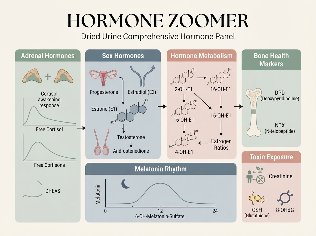 Hormone Zoomer panel: measures real-time active hormone levels and detox pathways