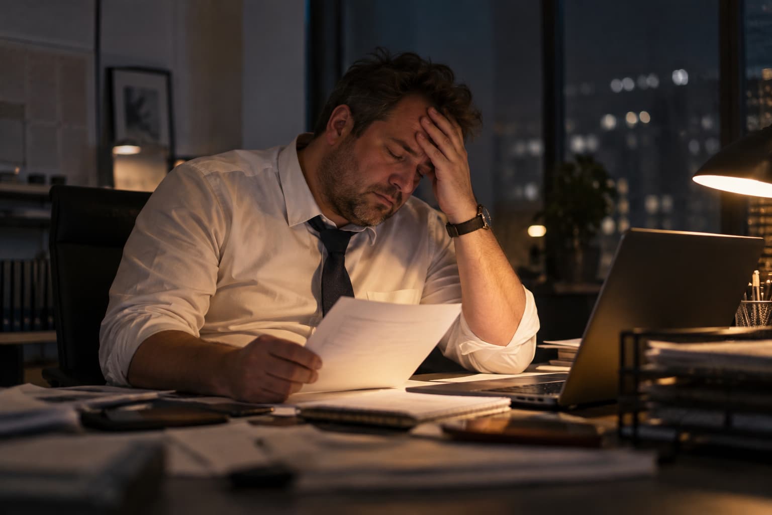 Unternehmer spät abends erschöpft am Schreibtisch über Unterlagen