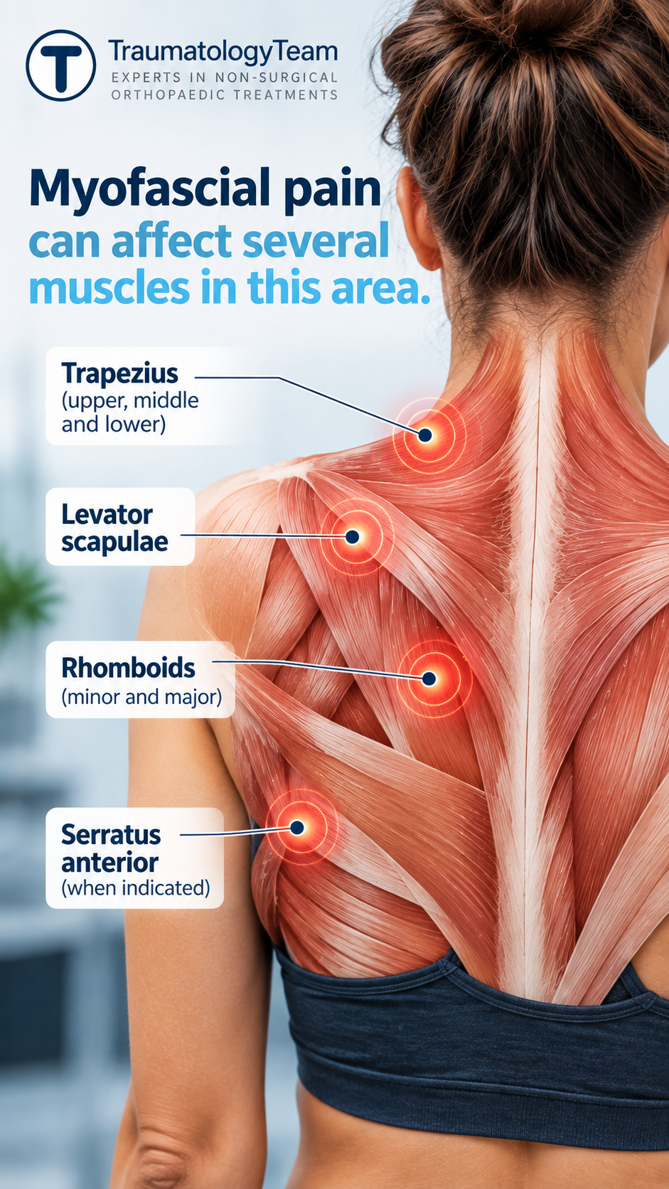 Myofascial pain can affect several muscles in this area: Trapezius, Levator scapulae, Rhomboids, Serratus anterior – TraumatologyTeam