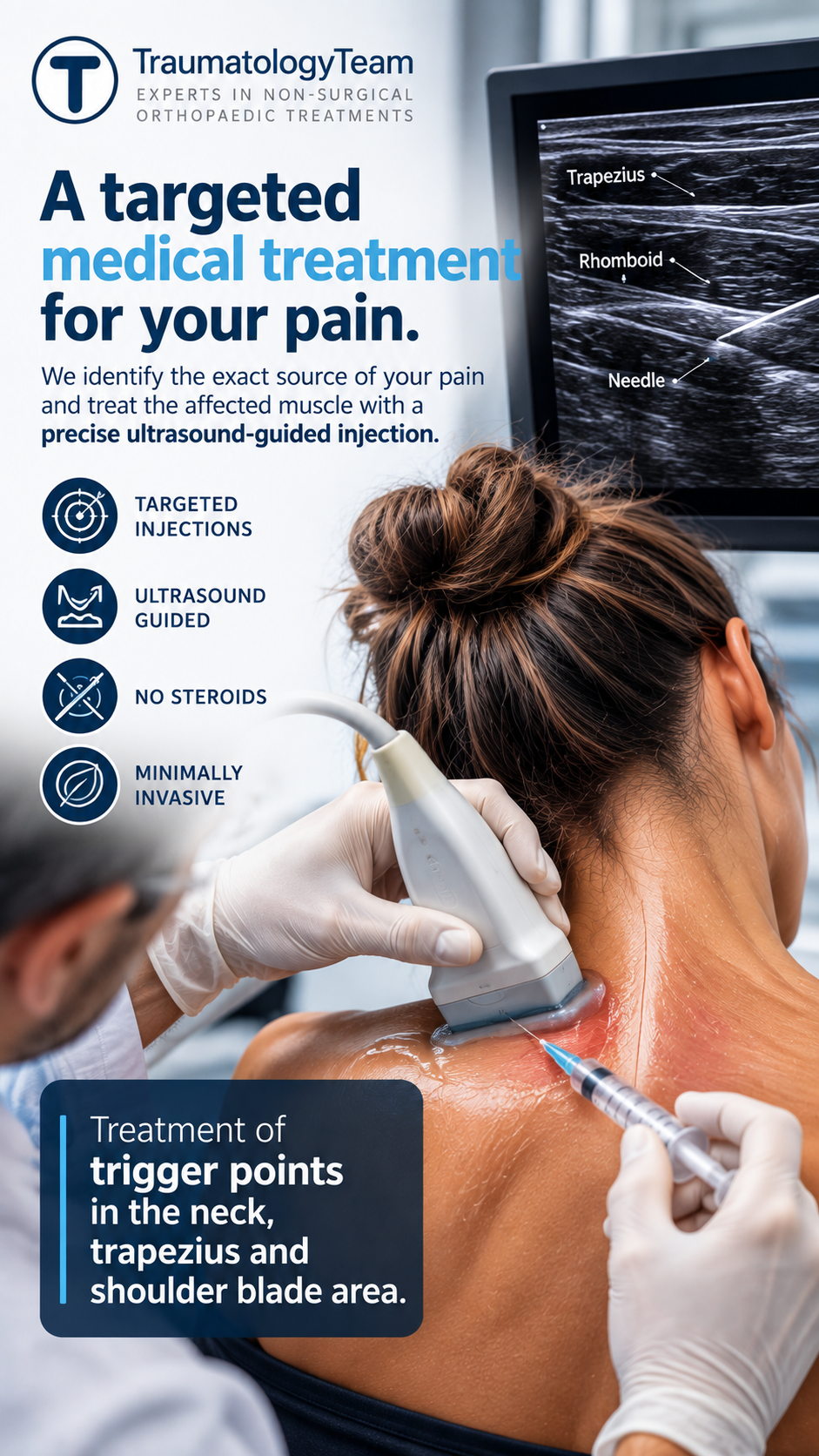 A targeted medical treatment for your pain: ultrasound-guided injection, trapezius, rhomboid, needle, no steroids – TraumatologyTeam