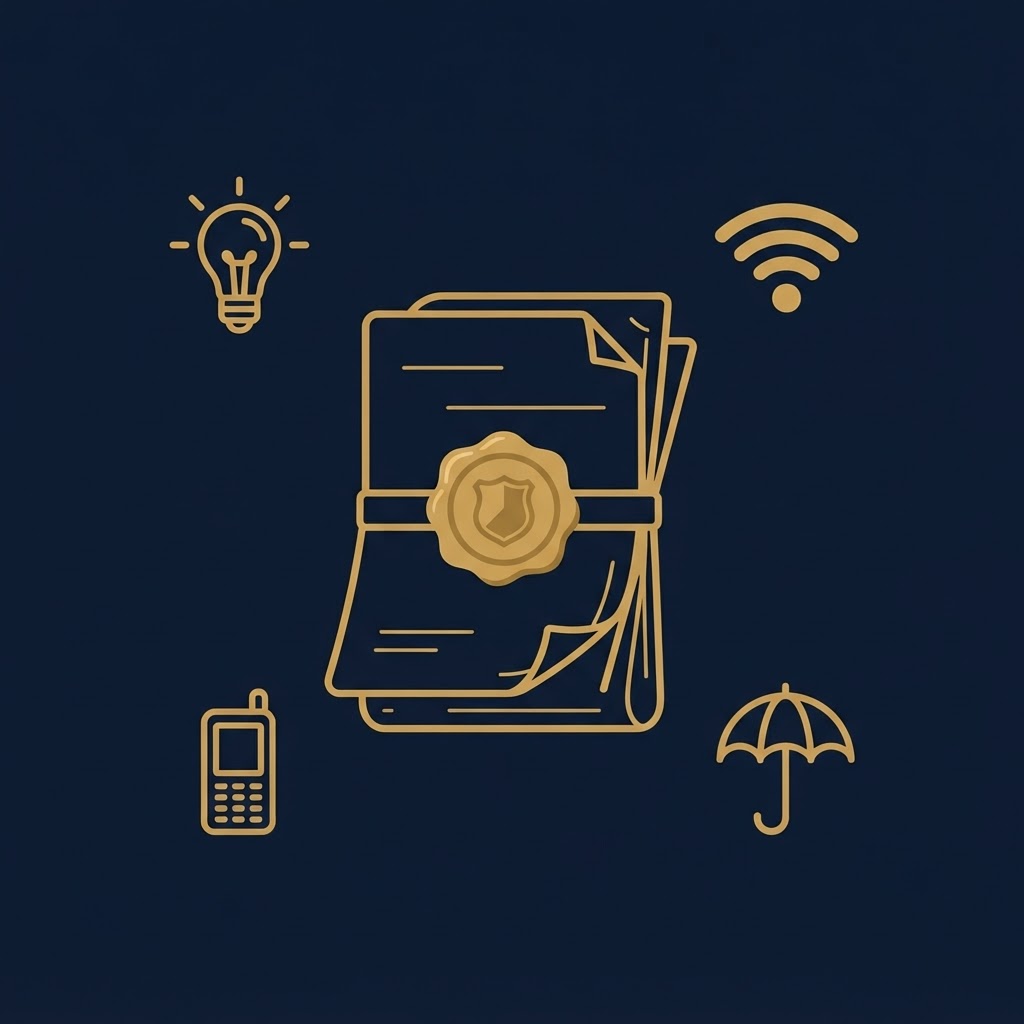 Folded bill with essential service icons