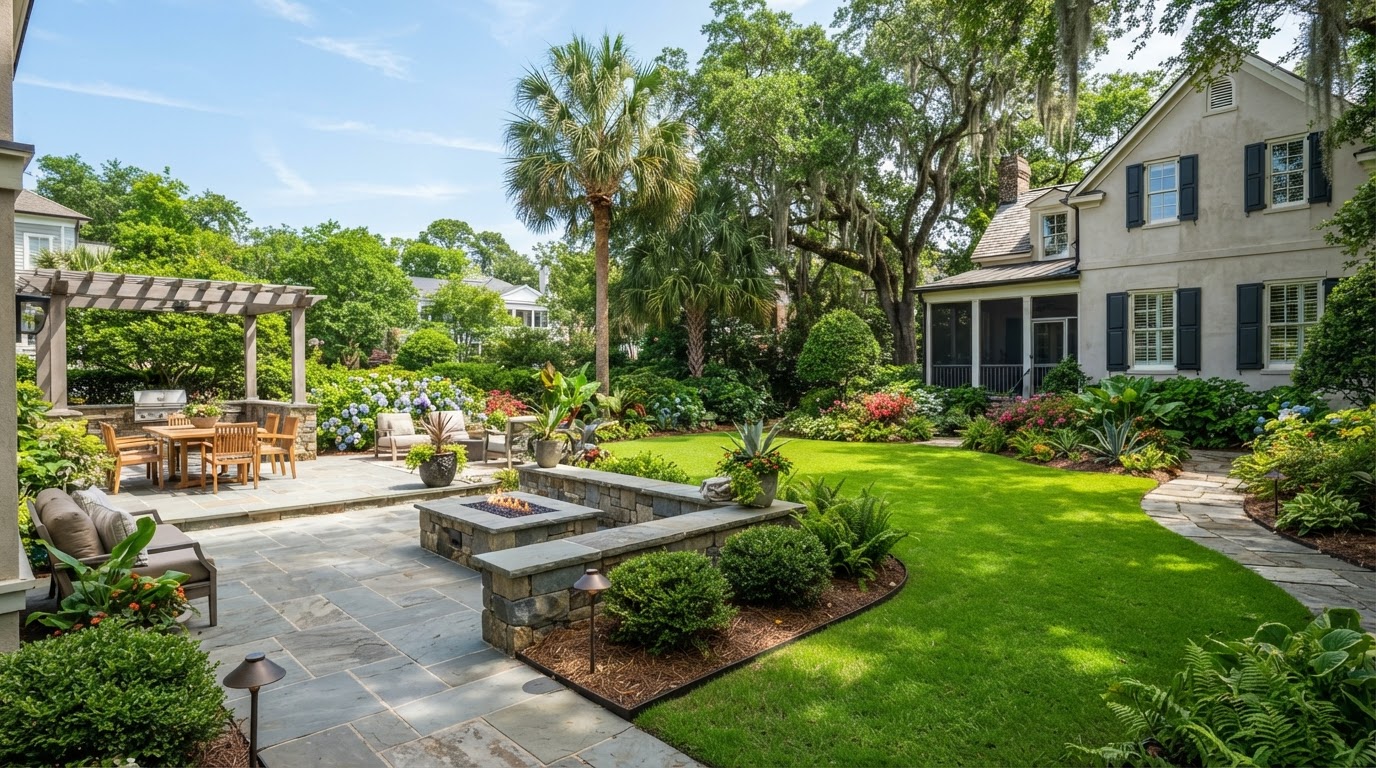 Lush Charleston landscaped yard and trees completed by Leo Majestic Landscape LLC