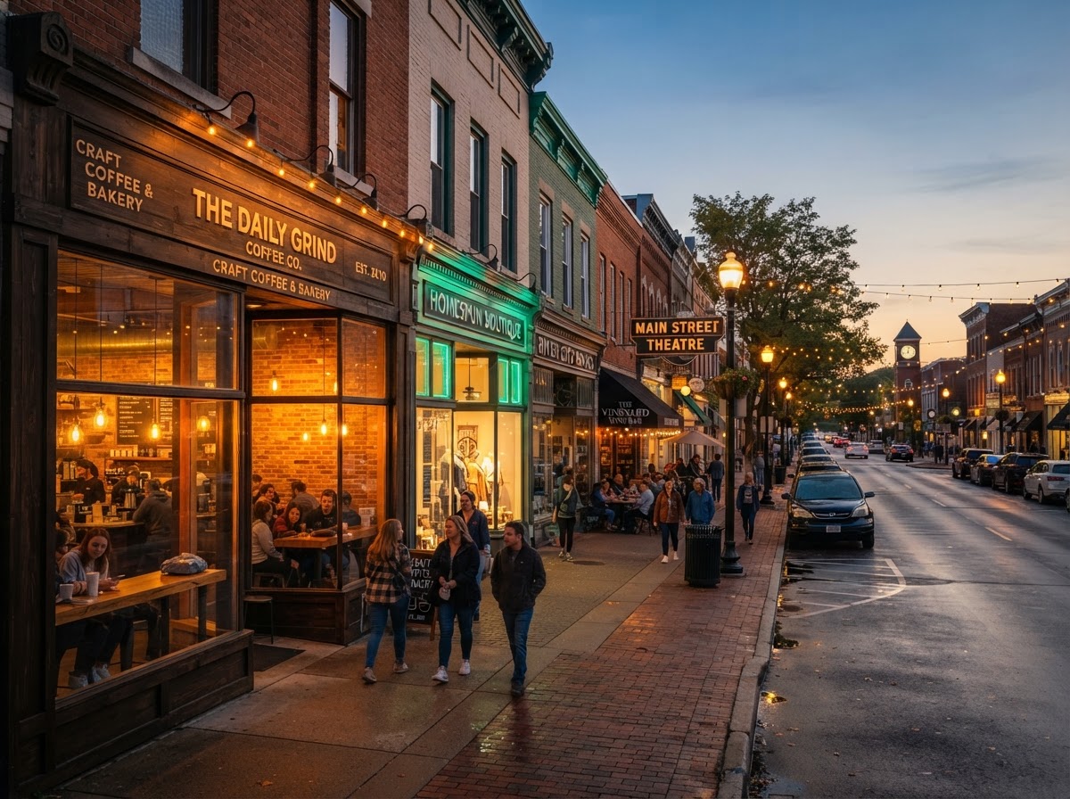 Warm glowing storefronts on Main Street