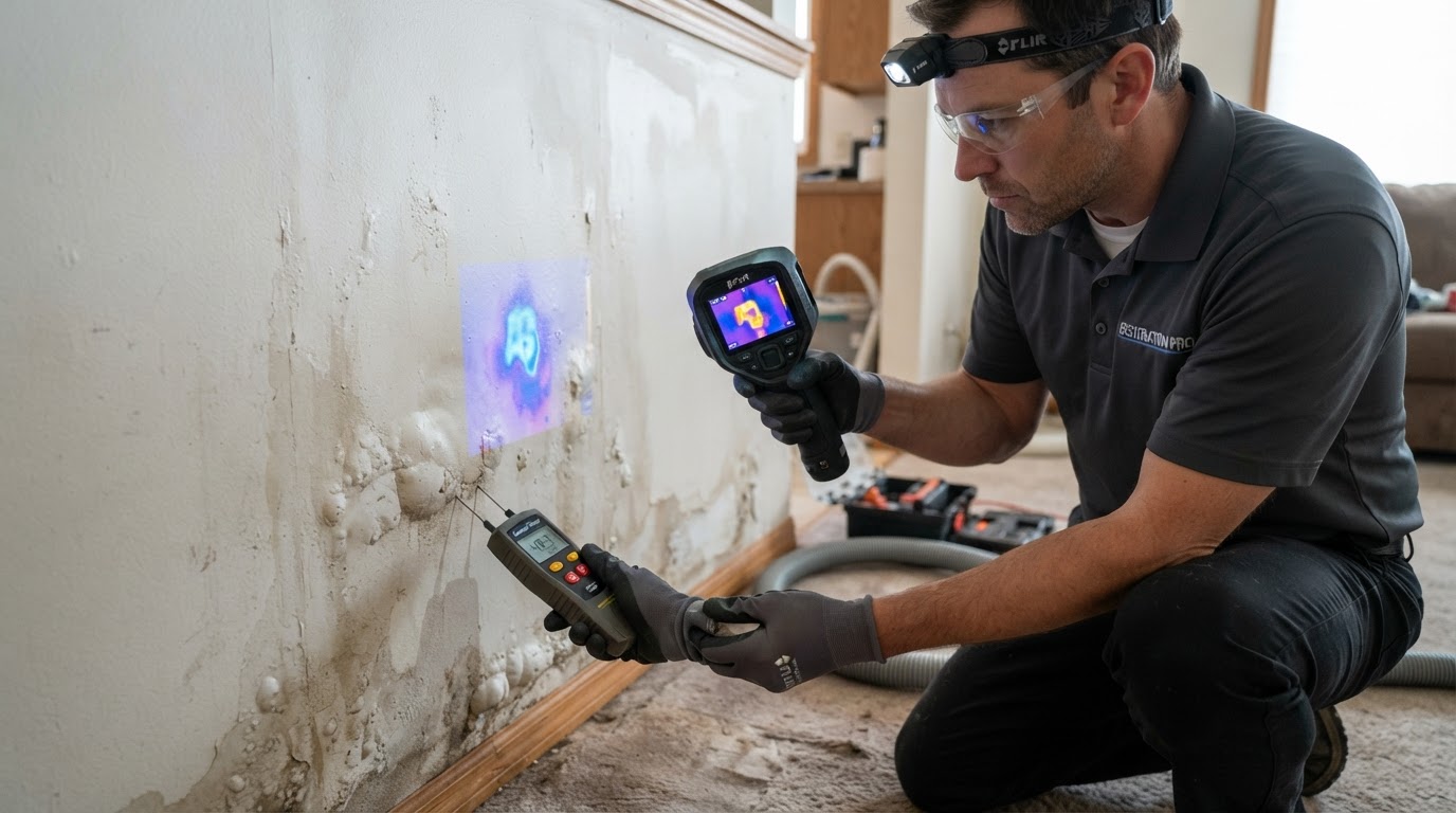 Restoration technician using a moisture meter and thermal imaging camera to inspect an interior wall for hidden water damage with bubbling paint in a Lakeland home