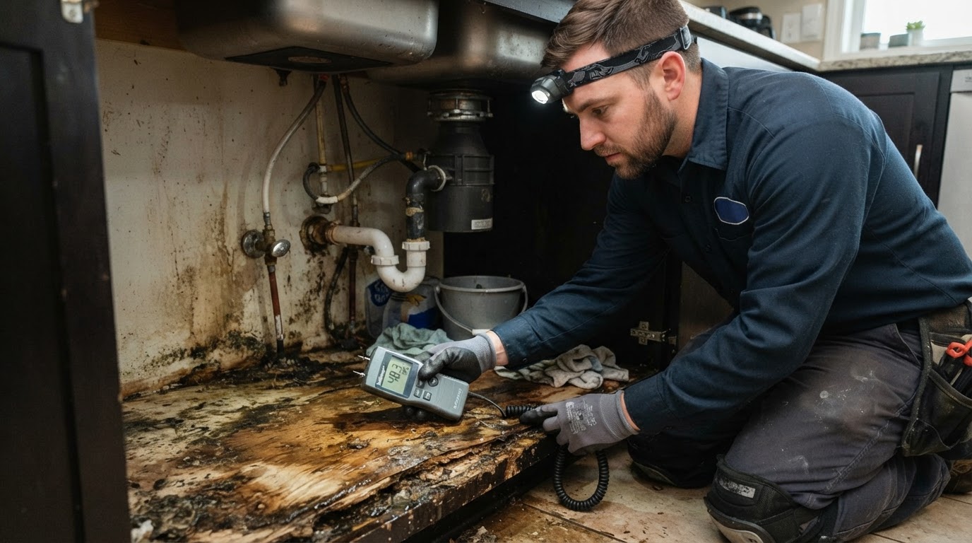 Water damage inside a kitchen sink base cabinet with swollen particleboard and a moisture meter inspection in a Lakeland home