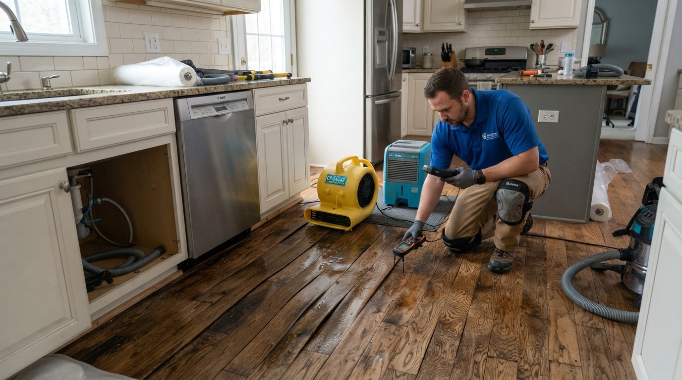 Hardwood kitchen flooring with cupping and water damage near a dishwasher with drying equipment and moisture inspection in a Lakeland home