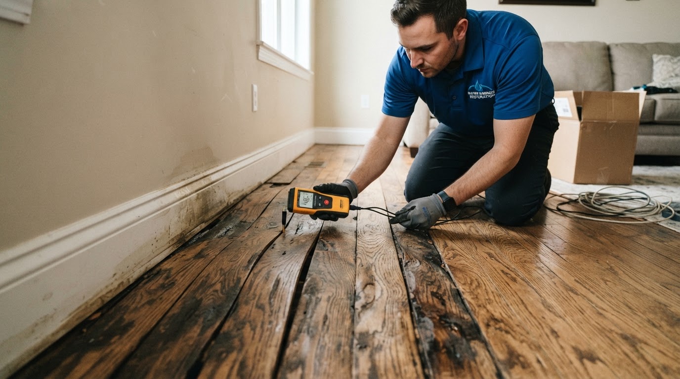 Warped and discolored hardwood flooring near a baseboard being inspected with a moisture meter for a suspected slab leak in a Lakeland home