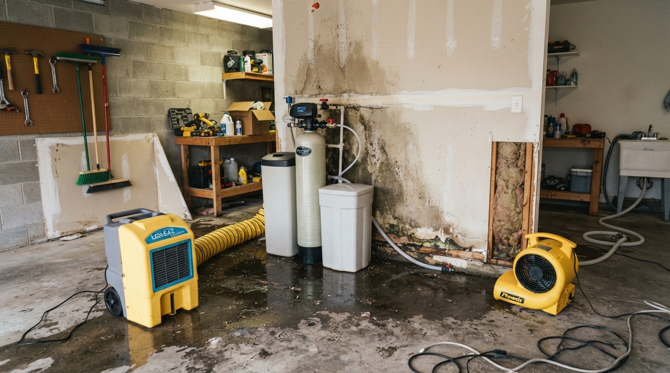 Garage water damage near a water softener system with wet concrete floor, stained drywall, and professional drying equipment in a Lakeland home