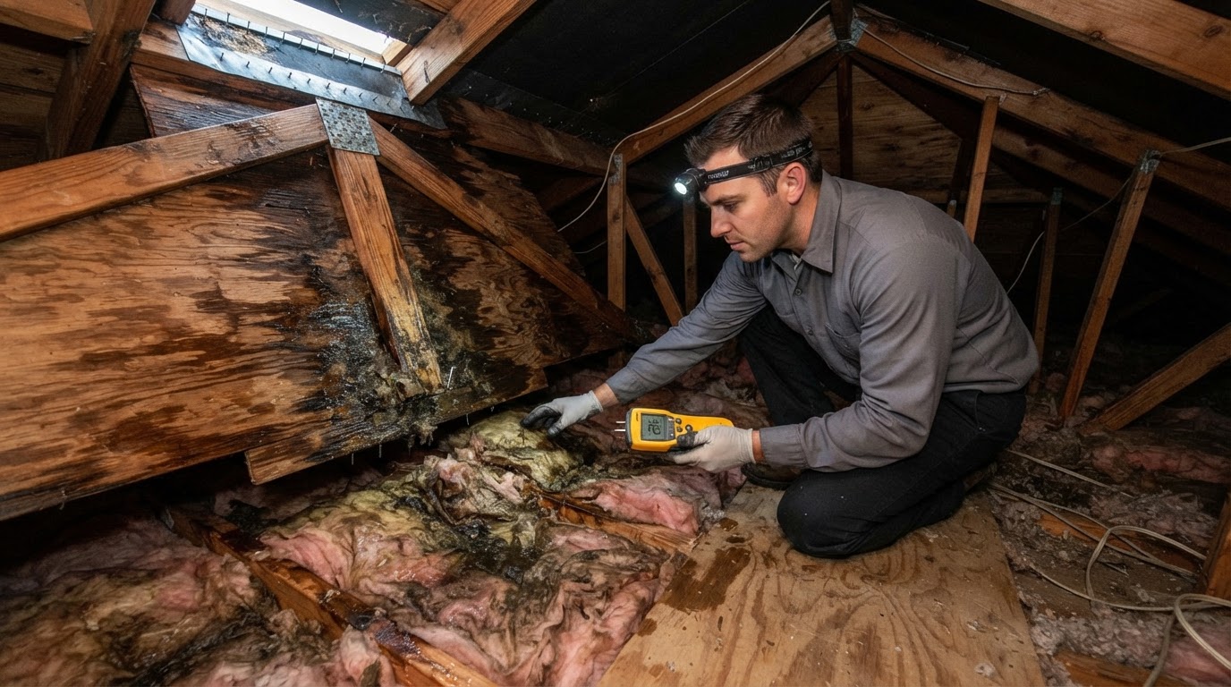 Moisture inspection of damp attic insulation and water-stained roof decking after a roof leak in a Lakeland home