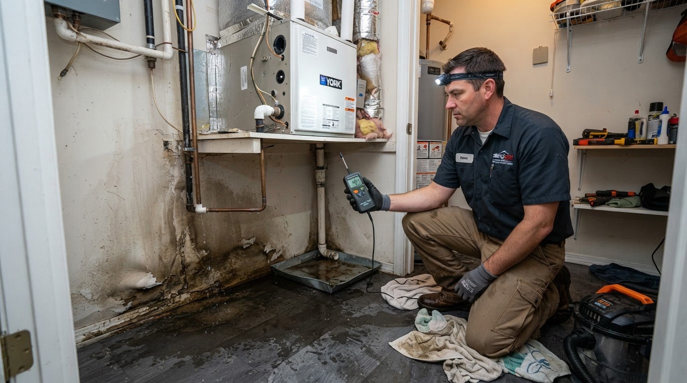 Water damage around an indoor HVAC air handler in a utility closet with wet drywall and a technician inspecting with a moisture meter in a Lakeland home