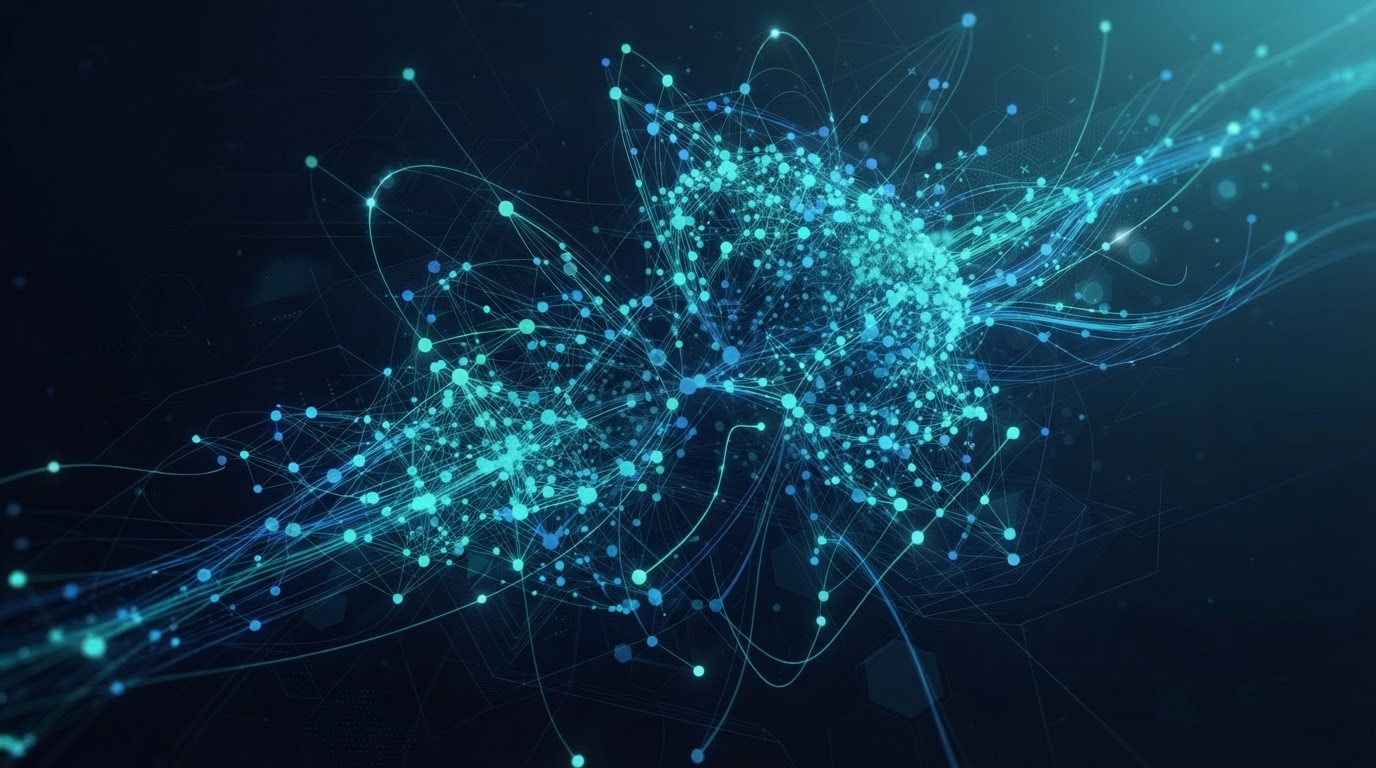 Abstract digital network visualization representing connected IT systems