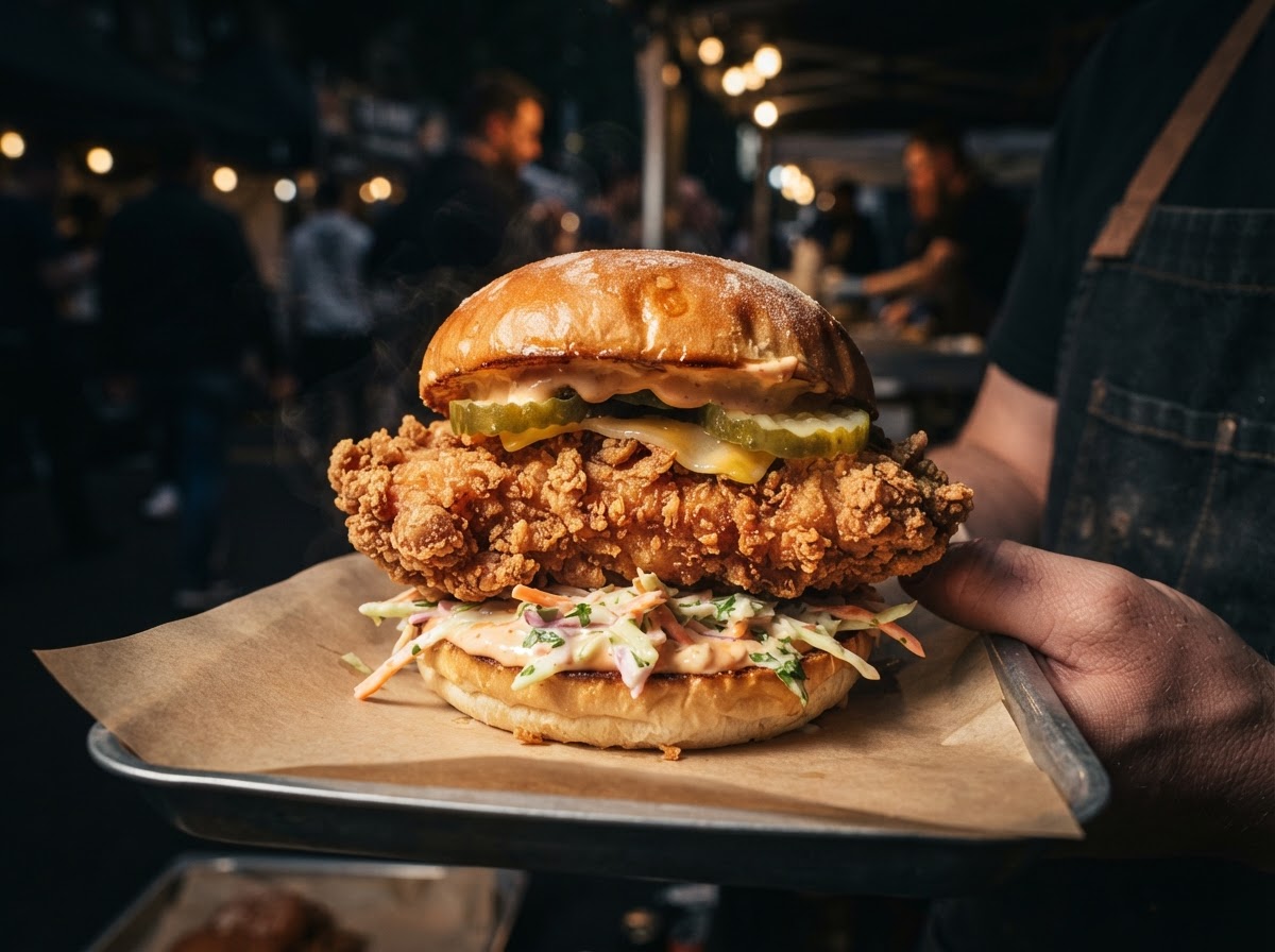Crispy Chicken Burger — freshly prepared street food at JJ's Street Kitchen