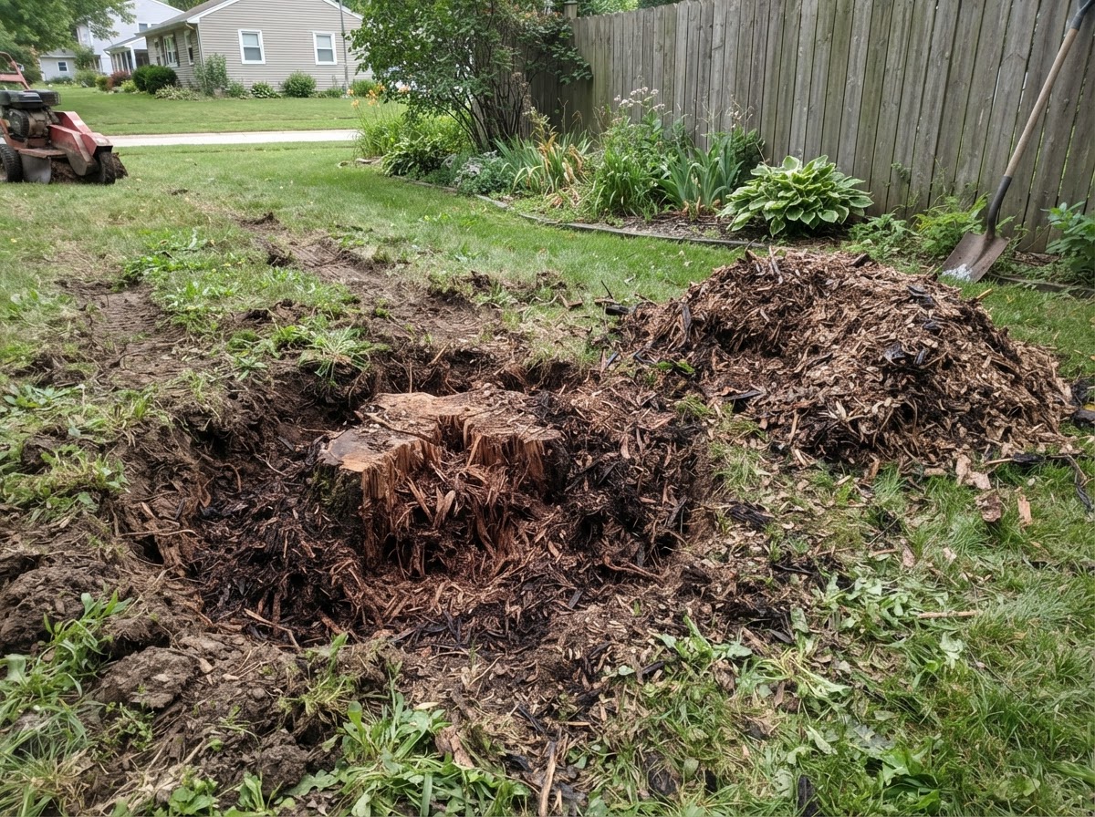 Stump grinding and removal job in a residential yard