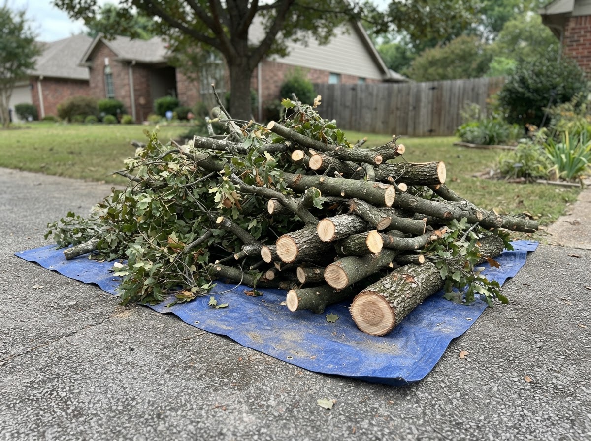 Tree trimming and pruning project with cut branches
