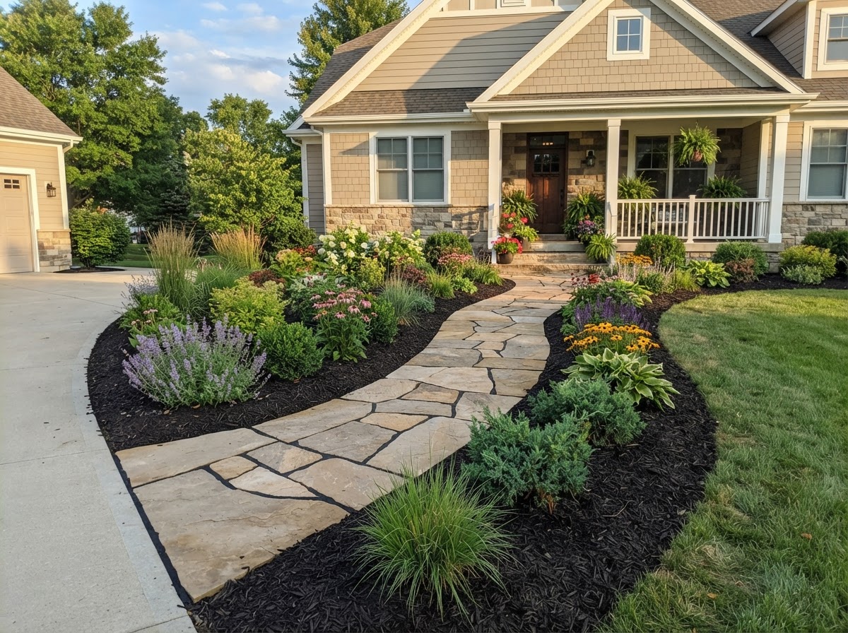Custom landscape design with garden beds and walkway