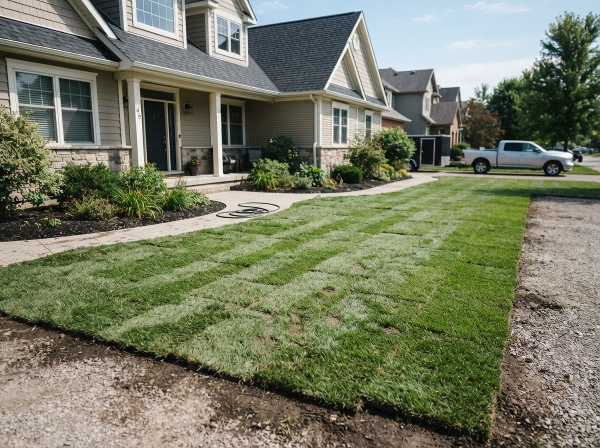 Freshly laid sod installation in the front yard of a Charlotte, NC home