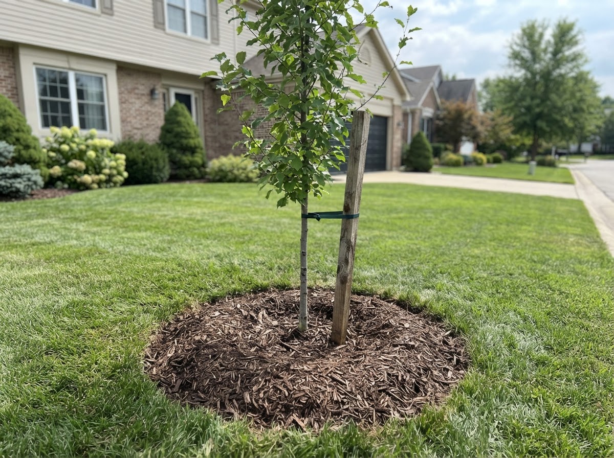 Newly planted tree with mulch ring in a front yard
