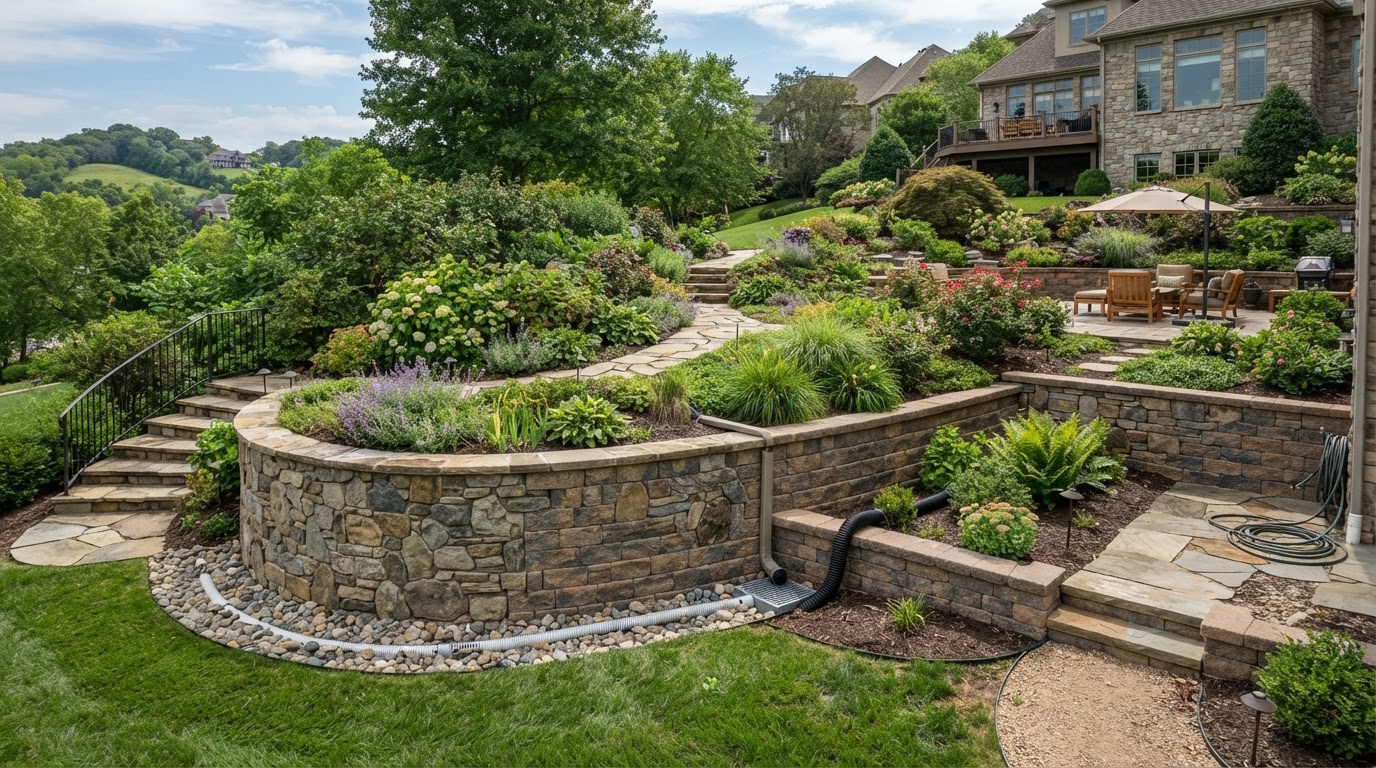Structural block retaining wall with integrated drainage in Mint Hill NC