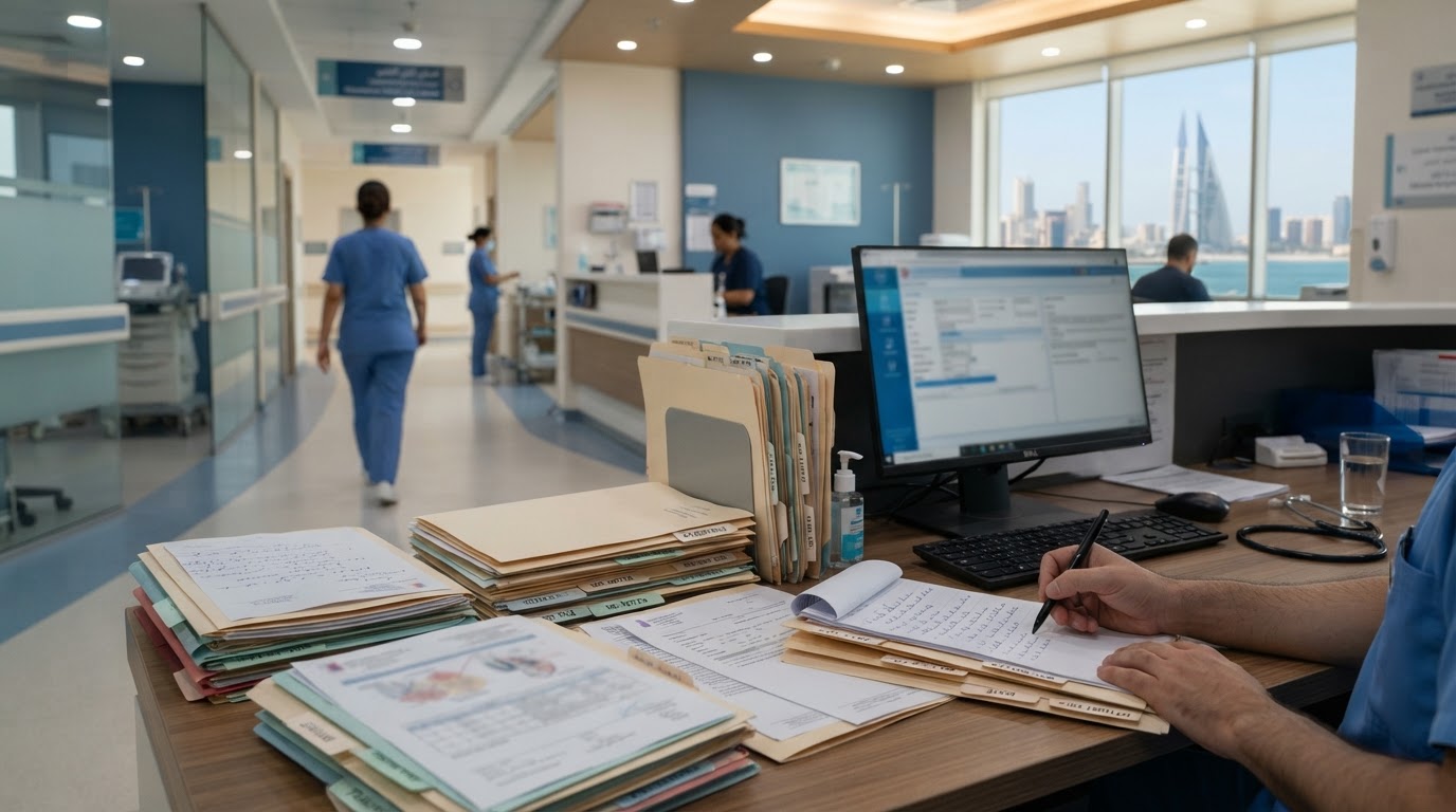 Modern hospital facility with medical files and patient records