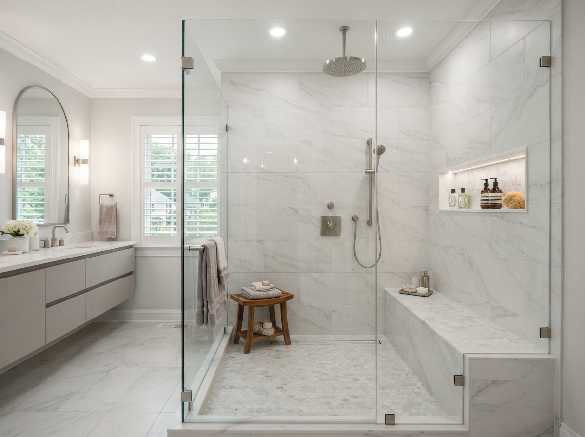 Walk-in shower tile remodel completed by JC Home Solutions Inc. in Germantown MD