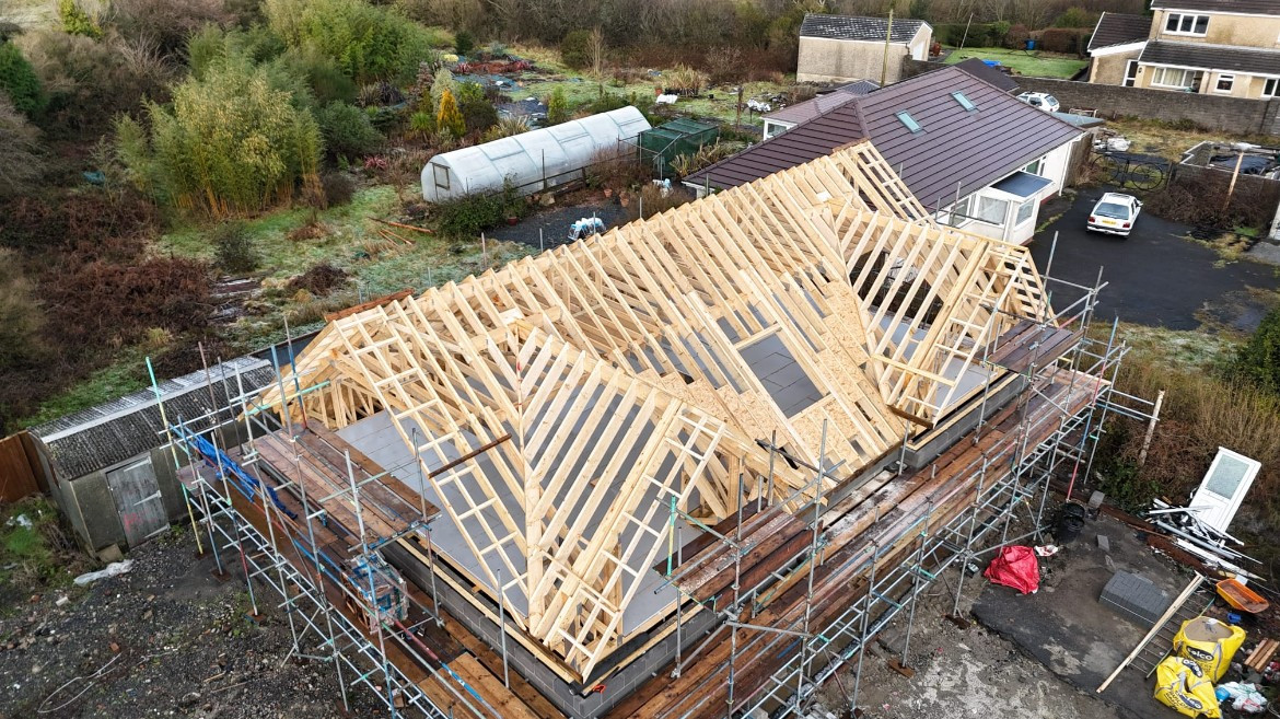 Aerial Drone Survey: Overhead inspection of newly framed roof truss structure, hipped valleys and timber battens.