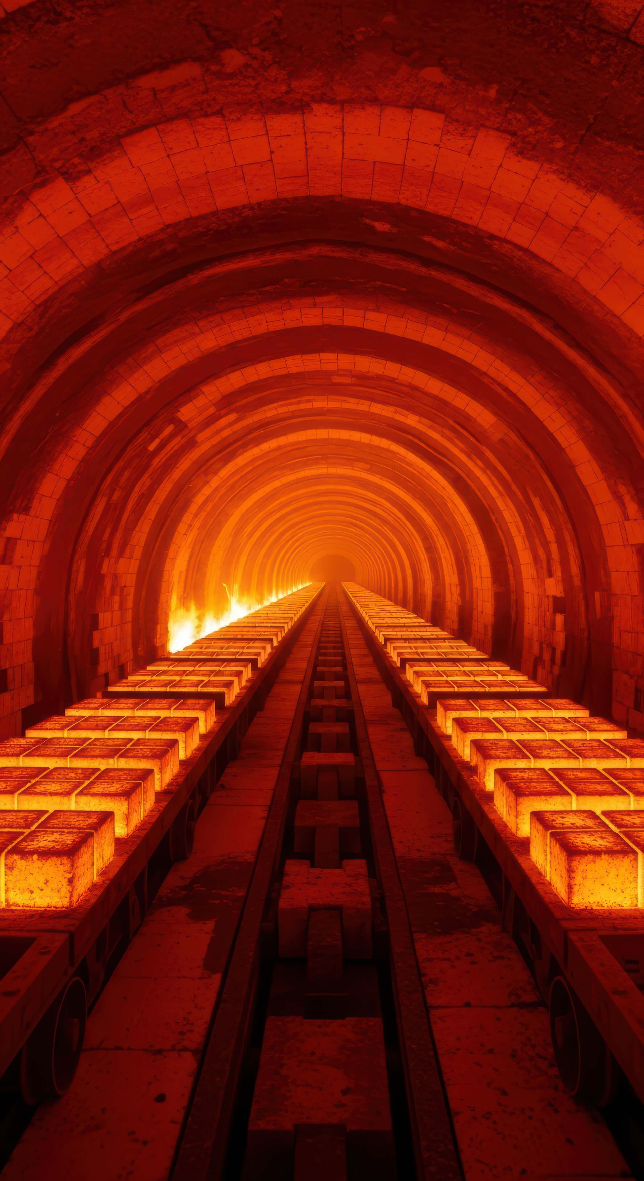 Interior de horno túnel refractario industrial con material incandescente y control del calor