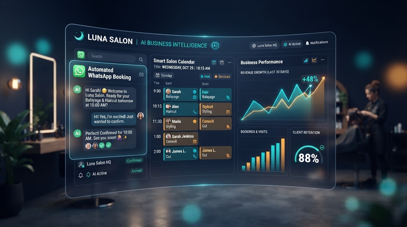 Panel de IA de Salon Automatizado mostrando chat automático, calendario inteligente y analíticas de citas