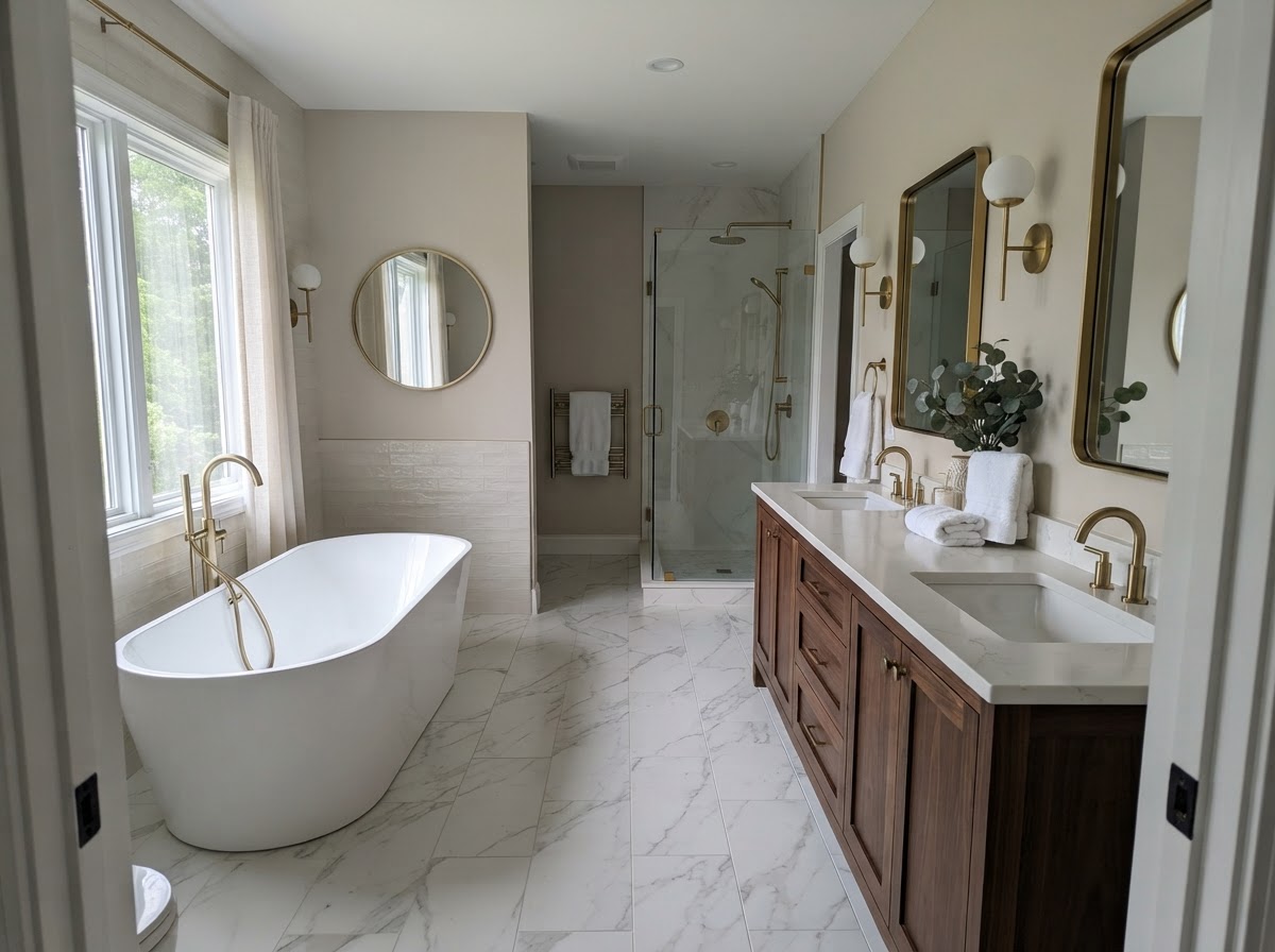 Modern bathroom renovation with freestanding tub in Deltona, FL