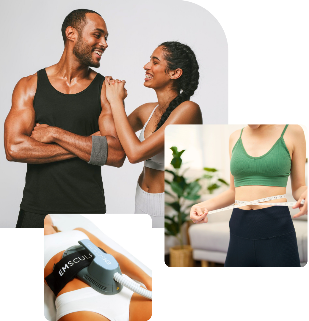 Fitness transformation results showing couple celebrating progress, body measurements, and EMSCULPT treatment device
