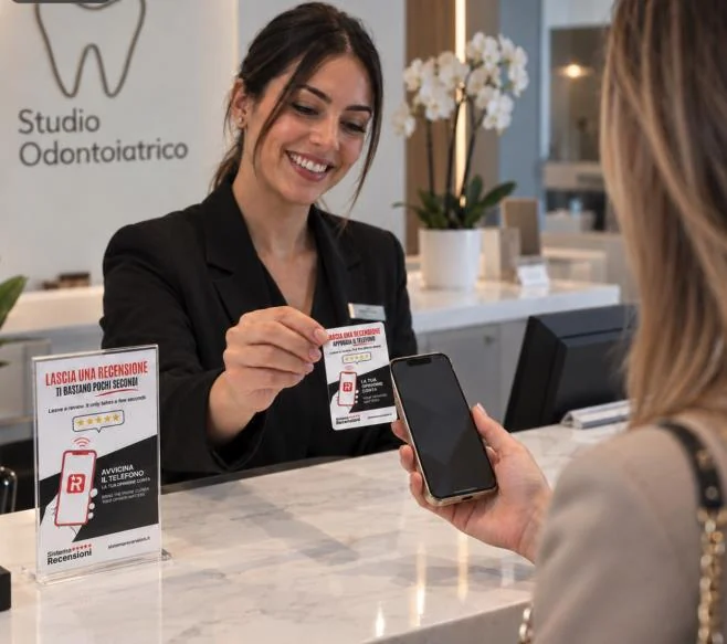 Una richiesta di recensione avviata tramite card NFC alla reception