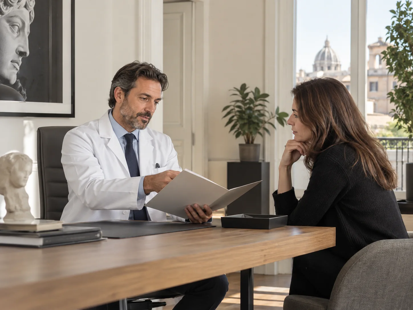 Un medico e una paziente si confrontano durante una consulenza in studio.