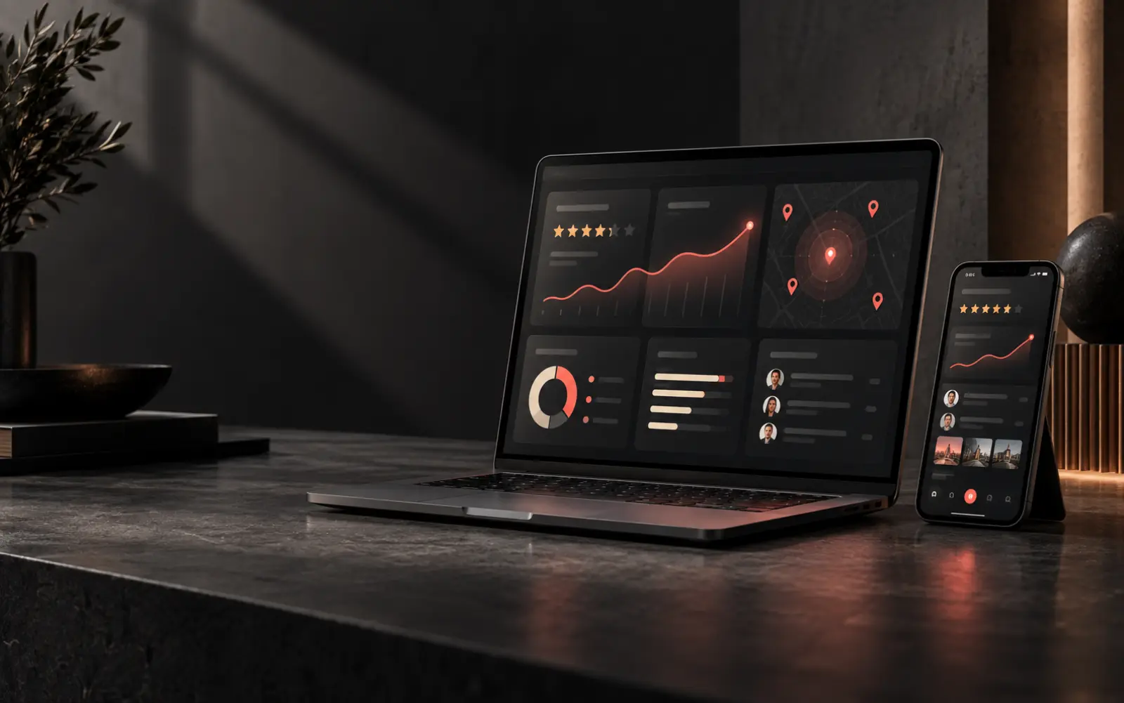 Dashboard del software recensioni su laptop e smartphone