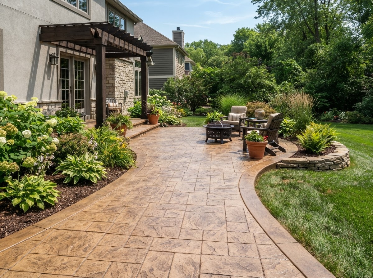 Colored stamped concrete patio with warm earth tones in Tustin, California