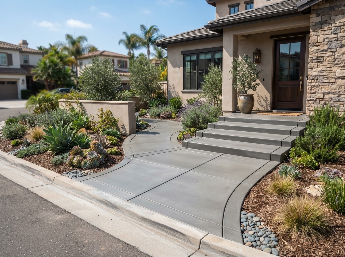Finished concrete walkway and entry steps at a Tustin, California home