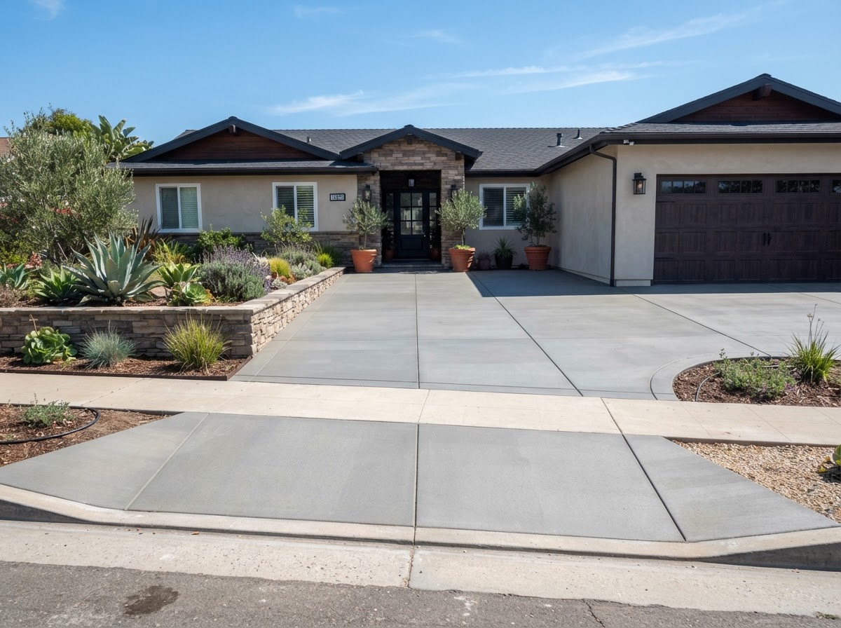 Widened residential concrete driveway connected to a walkway in Tustin, California