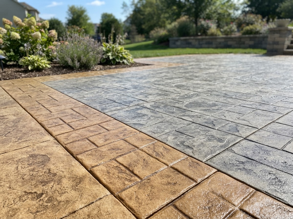 Decorative stamped concrete patio border detail in Tustin, California