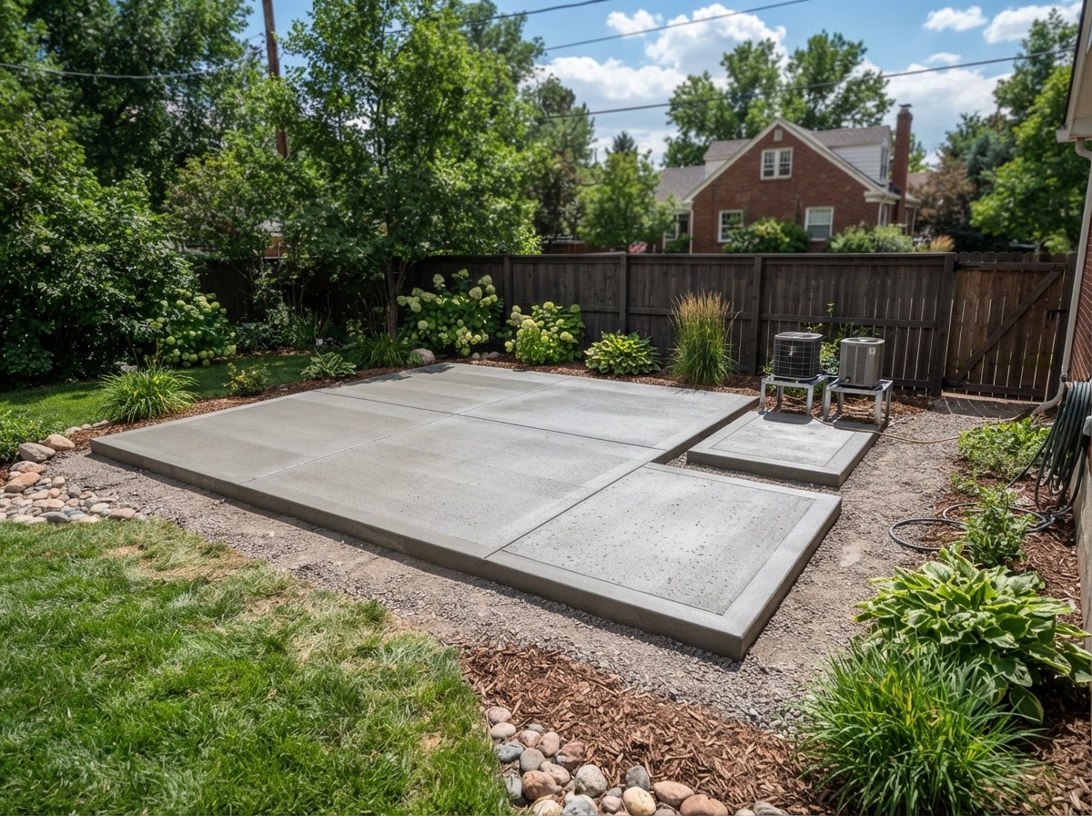 Finished concrete shed pad and equipment pad at a Tustin, California property