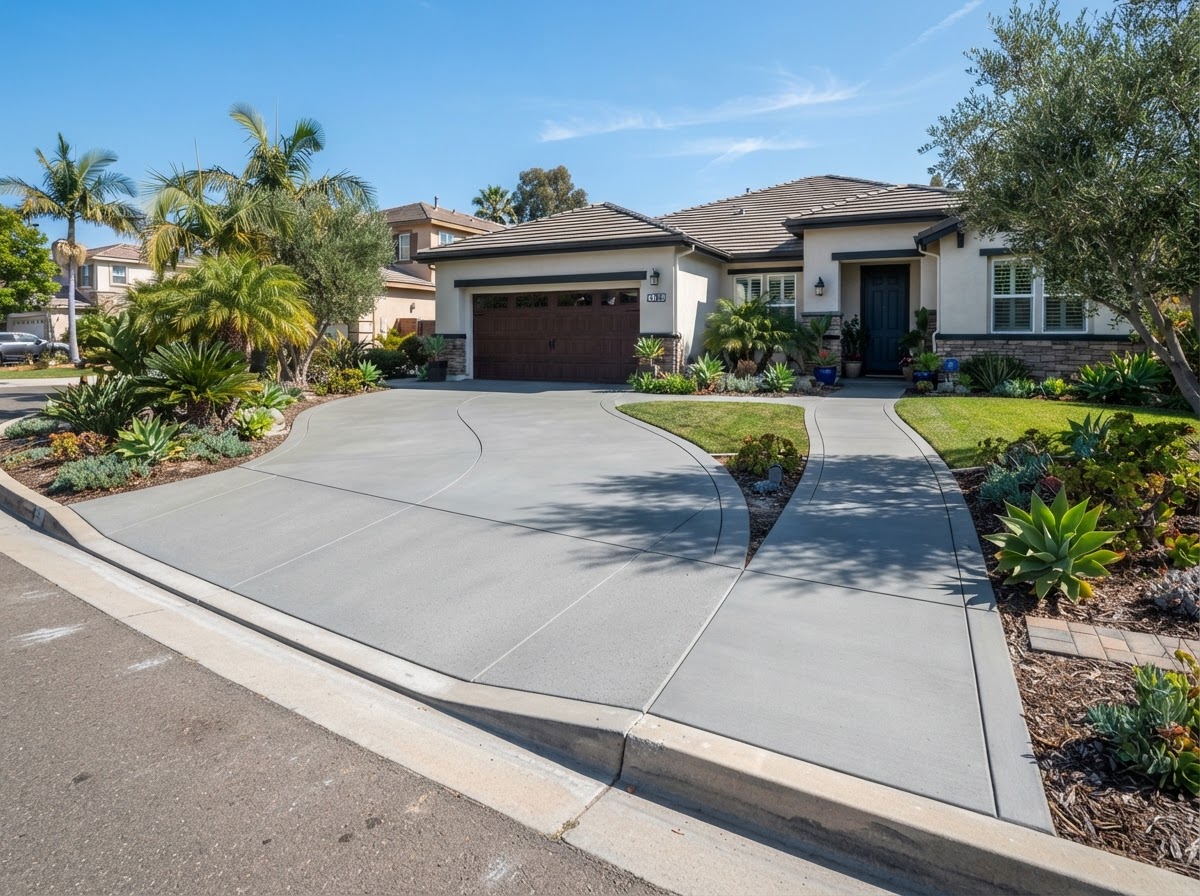 Finished residential concrete driveway connected to a walkway in Tustin, California